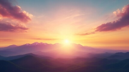 Fototapeta premium A beautiful mountain range with a bright orange sun in the sky