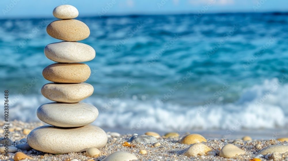 Poster a stack of rocks on a beach with the ocean in the background