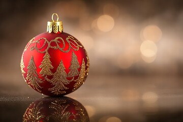 Red Christmas ball with golden details on shiny surface