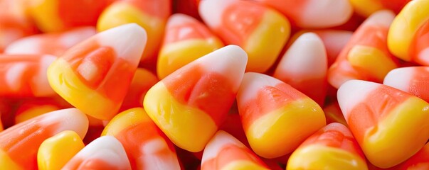 Colorful candy corn pieces stacked together, perfect for Halloween treats or autumn festivities, evoking sweet memories.
