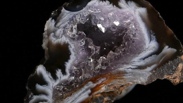 Agate and Quartz Geode sample rotating against a black background.