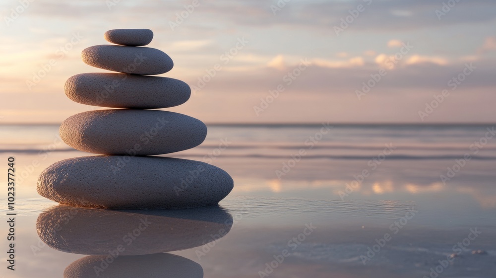 Poster a stack of rocks on a beach with the ocean in the background