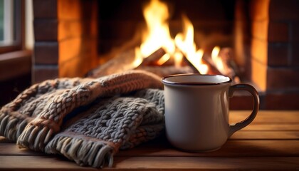 A warm mug of steaming hot beverage beside a cozy fireplace on a chilly evening. Generative AI