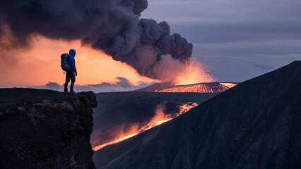 A lone hiker on a cliff with a volcanic eruption in the distance