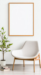 A white armchair with wooden legs sits in a minimalist living room, a blank picture frame above it.