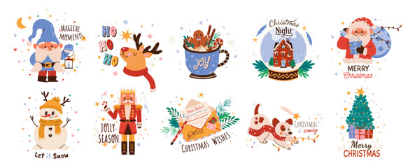 Set of Christmas stickers with New year lettering.  Merry christmas calligraphy.  olly season typography.  Vector flat illustration of winter bundle holiday isolated on white