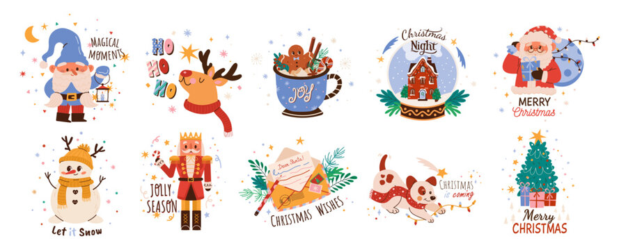 Set of Christmas stickers with New year lettering.  Merry christmas calligraphy.  olly season typography.  Vector flat illustration of winter bundle holiday isolated on white