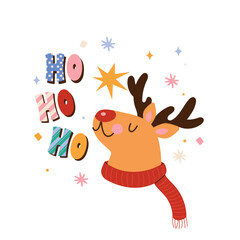 Christmas lettering with reindeer in a warm red scarf and snowflakes. Festive decorative element. Flat vector illustration isolated on white background. Let it snow typography.