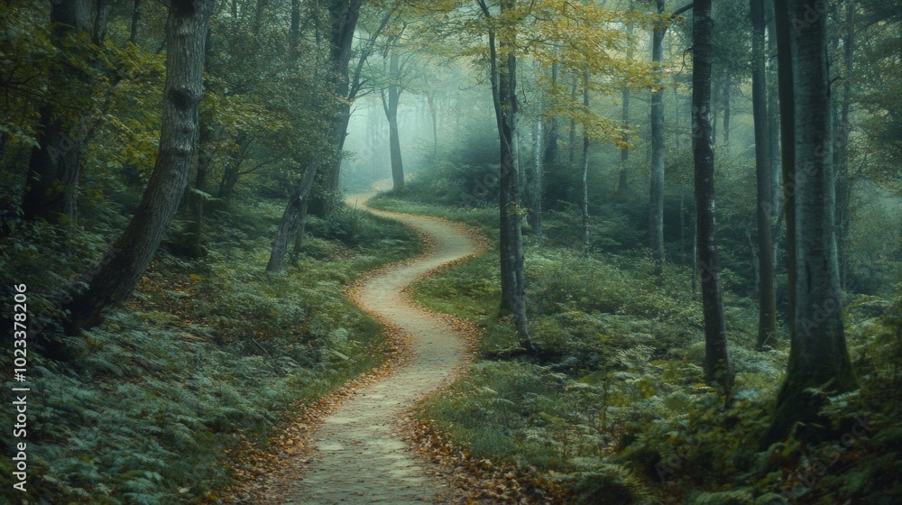 Poster a winding path through a forest with trees on both sides