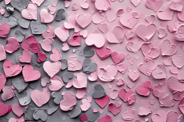 Fototapeta premium Valentine's Day concept. Hearts are creating lovely atmosphere. Wallpaper for joy and celebration. Cute romantic print on background of gray and pink hearts. festive backdrop for wedding design.