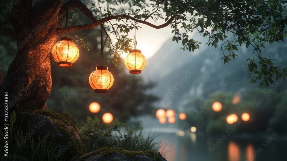Poster a tree with three lanterns hanging from it