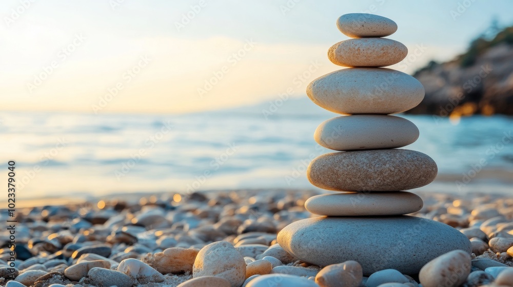 Poster a stack of rocks on a beach with the ocean in the background