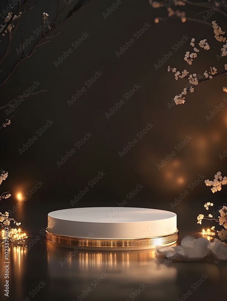 Poster a minimalist display featuring a round product on a reflective surface, surrounded by soft lighting.
