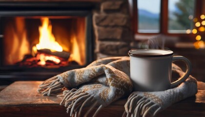 A cozy evening by the fireplace with a steaming mug of tea wrapped in a warm blanket. Generative AI