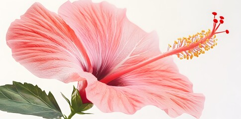 Obraz premium A close-up of a pink hibiscus flower showcasing its delicate petals and vibrant stamen.