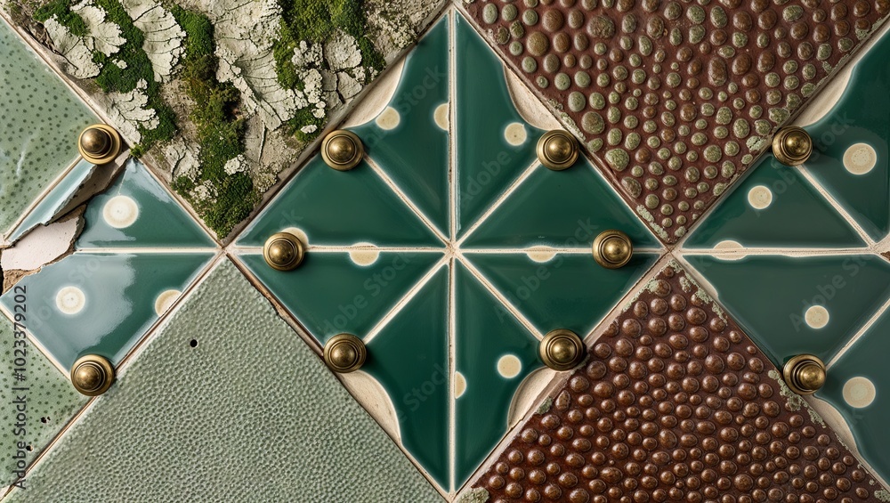 Canvas Prints Green and brown patterned tiles with brass accents, perfect for a vintage or rustic design.