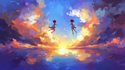 Obraz premium Joyful Silhouettes of Two People in a Colorful Sunset