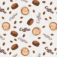 Pattern with coffee and cups.Vector pattern with cups, coffee beans, macarons and text.
