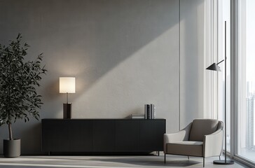 Minimalist Living Room Interior with Large Window, Black Cabinet, and Gray Armchair