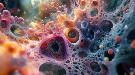 A colorful, abstract image of a cell with many bubbles and dots