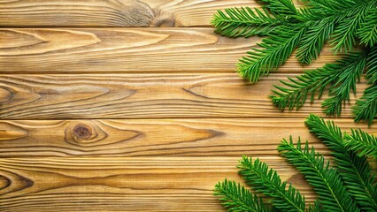 Green leaves on pine wood background with copy space