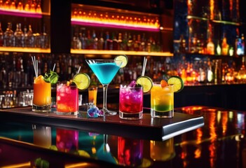 colorful cocktail ingredients displayed sleek bar counter visual appeal presentation, syrup, bitters, vodka, rum, gin, lemon, lime, orange, grenadine