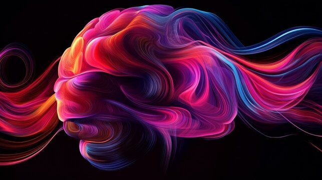 A colorful brain with purple, blue and red swirls