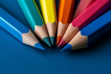 Naklejka premium A set of brightly colored pencils in vivid hues neatly arranged in a radial pattern on a deep blue table.