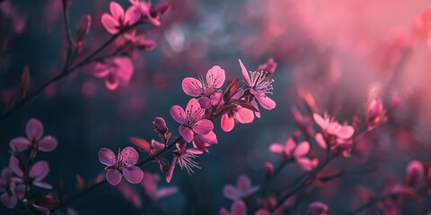 A breathtaking view of vibrant cherry blossoms captured in the gentle glow of the evening, symbolizing beauty and renewal.