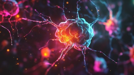 A colorful brain cell with a red and blue center