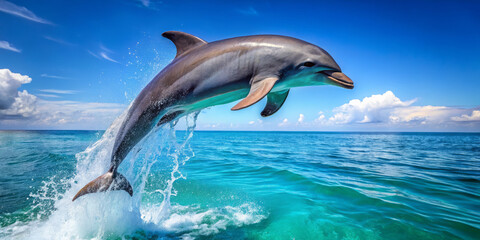 Fototapeta premium grey dolphin leaps gracefully through clear blue water, showcasing its playful nature against stunning backdrop of sky and sea. scene captures beauty and joy of marine life