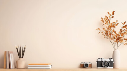 A minimalist home office desk with two vintage cameras, pencils, and a vase of dried leaves.