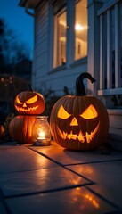 Obraz premium jack o lantern,Spooky halloween pumpkins in forest, illustration for banners, posters, greetings and Halloween celebrations.