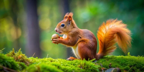 Poster de jardin Écureuil red squirrel holds nut in its paws, surrounded by vibrant green moss in lush forest. scene captures playful and curious nature of this small animal, highlighting its beautiful fur and lively  © Arethaawykoff