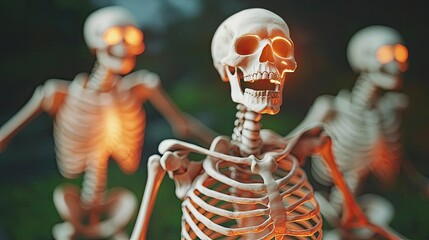 Spooky skeletons with glowing eyes create a chilling atmosphere perfect for Halloween or horror-themed decor.
