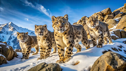 Fototapeta premium Majestic snow leopards traverse stunning rocky terrain, showcasing their agility and beauty against backdrop of snow and mountains. Their striking features and playful demeanor evoke sense of wonder