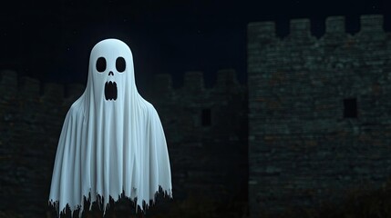 Eerie ghost figure haunting an ancient castle, shrouded in mystery and fear, perfect for Halloween or spooky themes.