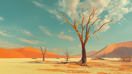 Mesmerizing Arid Landscape with Withered Trees in Serene Desert Scenery