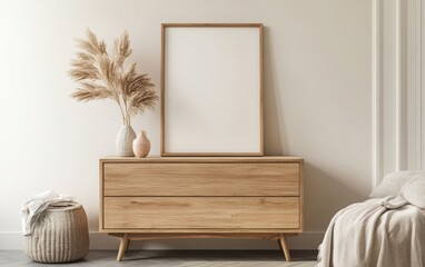 Contemporary Scandinavian living room featuring a wooden dresser with a blank mock-up poster frame prominently displayed. 