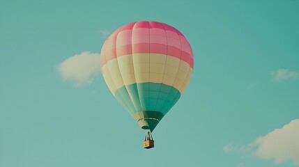 Naklejka premium A colorful hot air balloon gracefully floating and drifting through a bright clear blue sky The balloon s vibrant hues and majestic presence evoke a sense of adventure tranquility