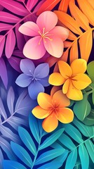 Obraz premium Background with tropical elements, featuring colorful palm leaves and flowers in a gradient of bright colors like orange, pink, blue, green, yellow, purple, or red