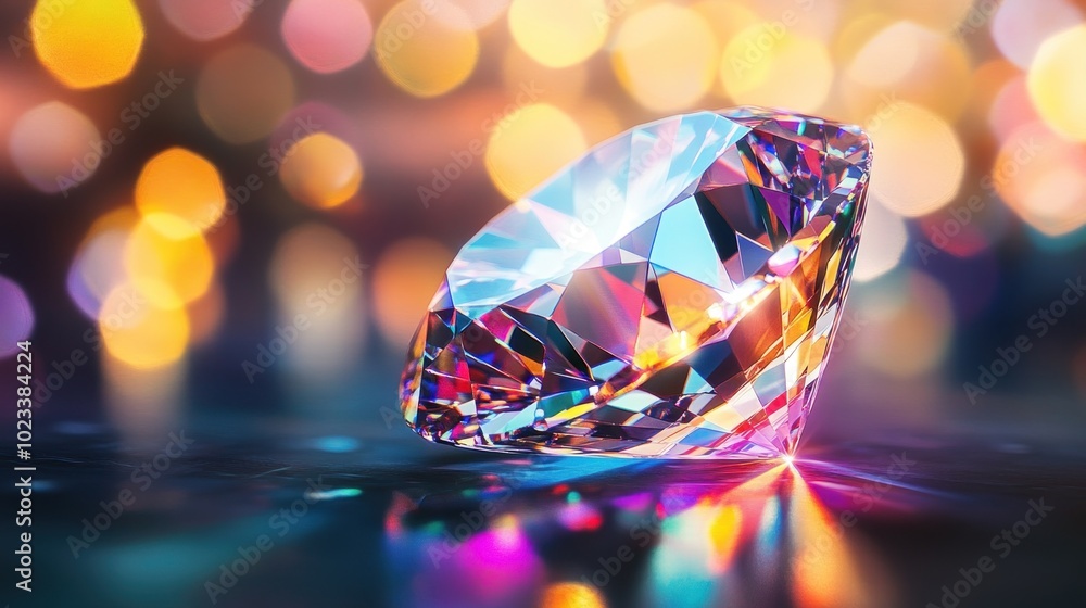 Poster a sparkling diamond on a reflective surface with colorful bokeh lights in the background.