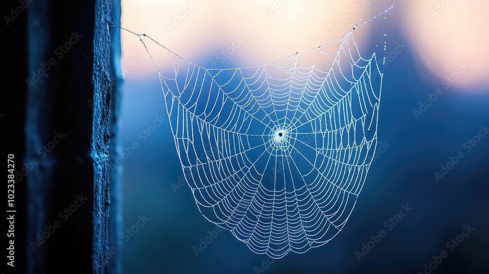 Poster a close-up image of a delicate spider web glistening in soft light, showcasing intricate patterns an