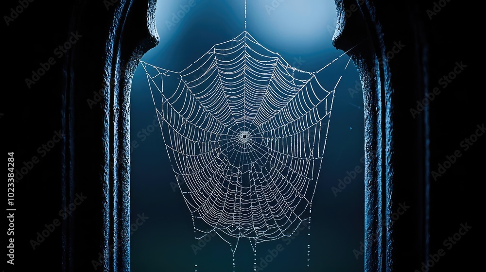 Poster a beautifully intricate spider web illuminated in soft light, creating an eerie yet captivating scen