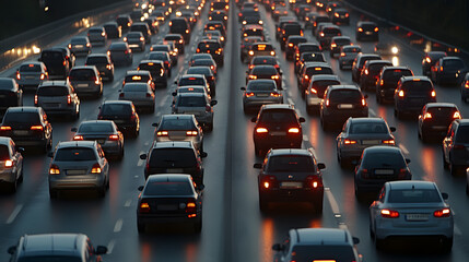 Cars in rush hour with traffic at dawn
