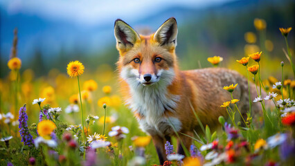 Fototapeta premium Charming red fox exploring vibrant field filled with colorful wildflowers, showcasing natures beauty and foxs curious expression