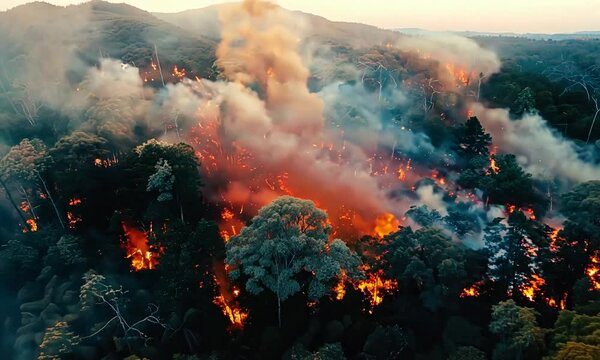 Aerial view of a forest fire engulfing trees with smoke and flames.