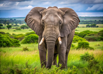 Fototapeta premium Majestic elephant standing in lush green savanna, showcasing its impressive size and tusks against backdrop of rolling hills and cloudy skies