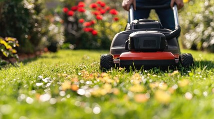 Fototapeta premium A gardener expertly trims the lawn using a cordless electric lawn mower, maintaining a neat and tidy garden space on a bright day.