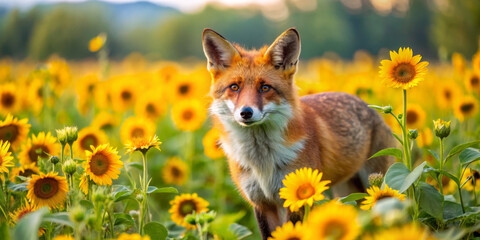 Fototapeta premium red fox exploring vibrant field of sunflowers, surrounded by bright yellow blooms and lush greenery, creates picturesque and serene scene